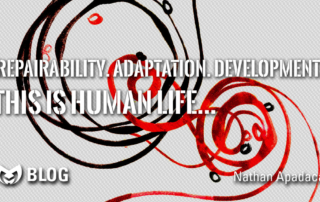 Book cover for "Untangling Twinning" with text saying "Repairability. Adaptation. Development. This is Human Life"
