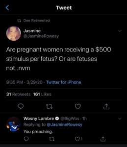 Tweet stating "Are pregnant women receiving a $500 stimulus per fetus? or are fetuses not..nvm