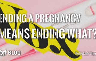 A distorted Vox logo, with a positive pregnancy test behind it with text stating "Ending a pregnancy means what?"