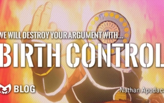 and image of a cartoon villain with a Birth-control dial for a head