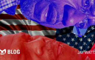 Herschel Walker and Raphael Warnock juxtaposed against each other with an American flag scrunched up behind them.